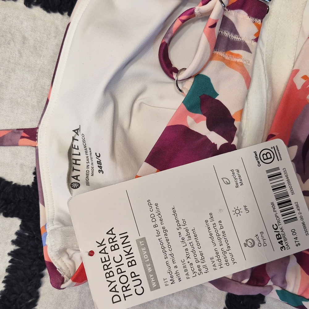 NWT Athleta 34 B / C Daybreak Tropic Bra Cup Bikini Top Adjustable Straps Padded - Picture 7 of 8